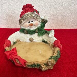 Snowman Figurine Trinket Dish Candle Holder Red Hat Scarf Christmas Decor